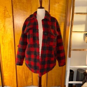 American Eagle Red and Black Plaid Sherpa Jacket